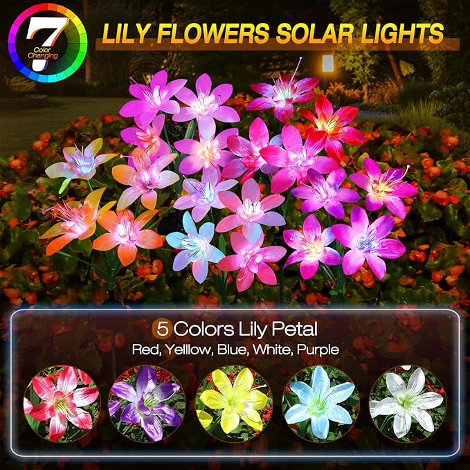 Aukora Solar Garden Lights Outdoor 5 Pack, 5 Colors Lily Flowers & 7-Color Changing Slide Beads Waterproof for Outside Pathway Patio Yard Decorations ＆ Mother's Day Gift, Red Yellow Blue White Purple
