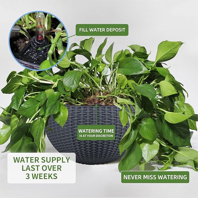 Dexceder 13.5 Inch Large Self Watering Hanging Planters Indoor Outdoor, Thickened Hanging Basket Flower Plant Pot with Water Level Indicator (Gray)