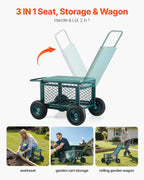 vevor rolling garden cart with seat, metal rolling shown in use