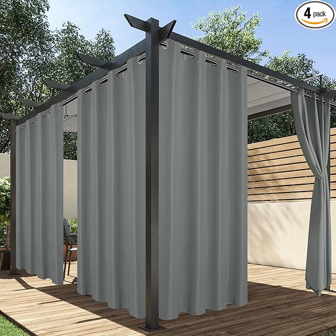 HolidayIdeas Outdoor Curtains for Patio Waterproof, 4 Panels - 54 x 84 Inch - Privacy Protection & Light Filtering Curtains Grey Grommet Outside Curtains for Porch, Gazebo, Pergola, Backyard