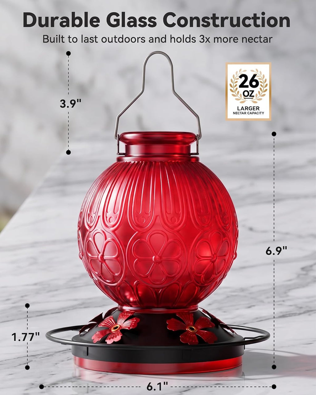 26Oz Hummingbird Feeder for Outdoors, Vintage Glass Bird Feeder with Perch, Durable & Easy to Clean, Hanging Nectar Feeder for Garden, Yard, Deck – Gift for Bird Lovers (Red)