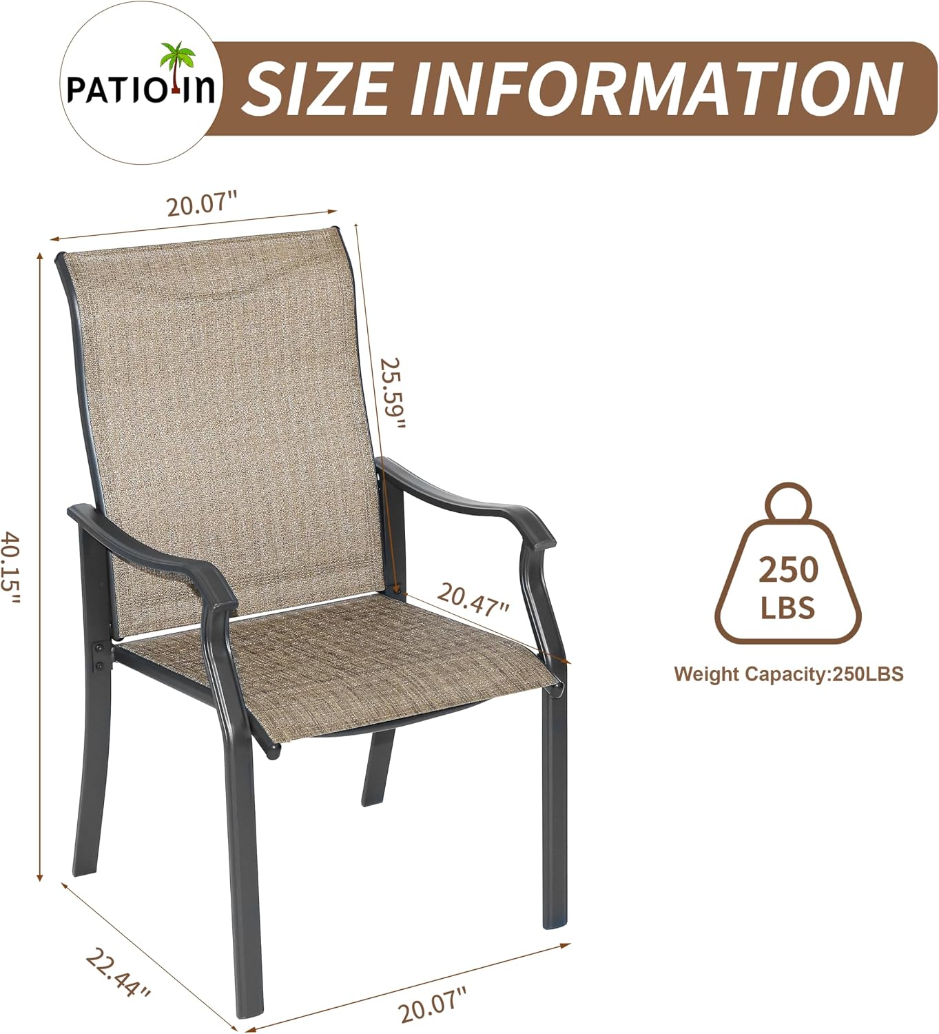 2 PCS Patio Dining Chairs, Iron Frame All Weather Resistant Textilene Chairs, Outdoor Chairs with Backrest and Armrest, Dark Brown