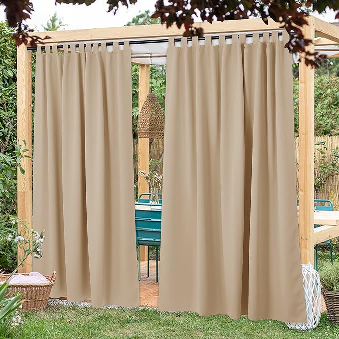 NICETOWN 2 Panels Outdoor Curtainss for Patio Waterproof, Detachable Tab Top Self-Stick Light Blocking Privacy Protect Outdoor Blinds for Pavilion/Indoor Outdoor Dividers, W84 x L84, Biscotti Beige