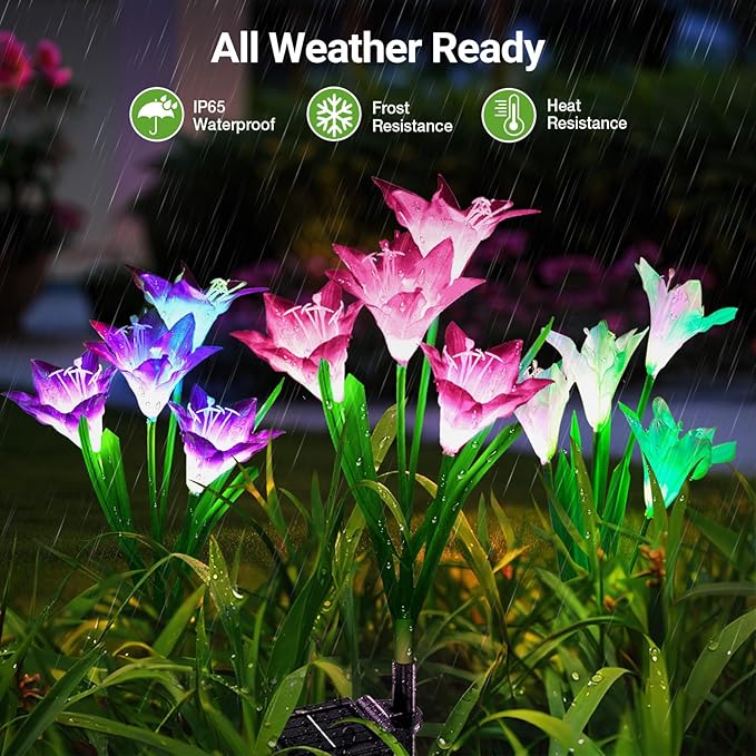 WdtPro Solar Lights Outdoor Garden Decorative 6 Pack, Waterproof Solar Garden Lights with 24 Lily Flowers, Color Changing LED Solar Powered Landscape Lights for Outside Yard Patio Decor,Gifts