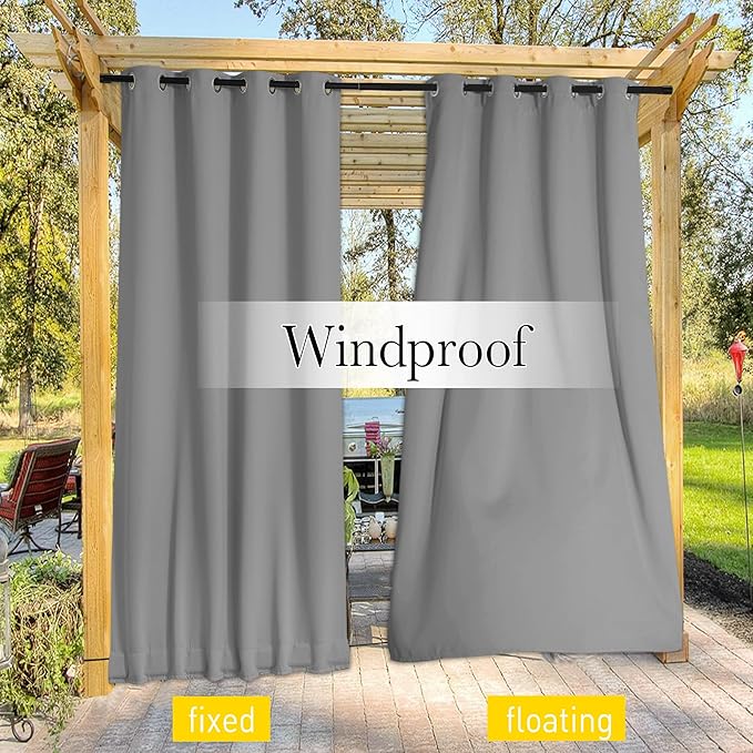 NICETOWN 2 Panels Gazebo Curtains Outdoor Waterproof & Windproof, Top and Bottom Grommet with Back Tab Wind-Break Outdoor Dividers Blackout Blinds with Fixed Rope for Patio, W52 x L108, Silver Grey