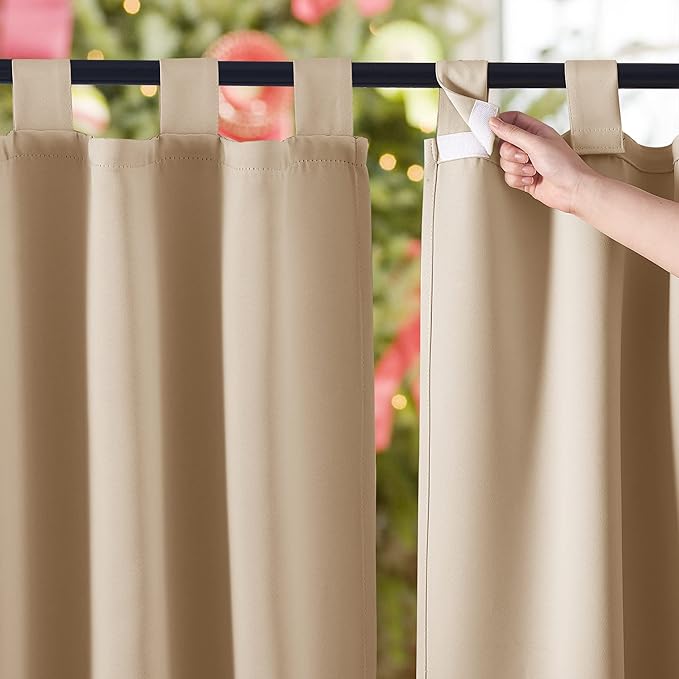 NICETOWN 2 Panels Detachable Sticky Tab Top Thick Outdoor Curtains for Patio Waterproof, W52 x L108, Triple Weave Sun Block Wind Prevention, Thick Enough Protect You from Sun/Rain, Biscotti Beige