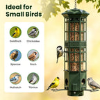metal hanging squirrel proof bird feeders, gravity spring, front angle view