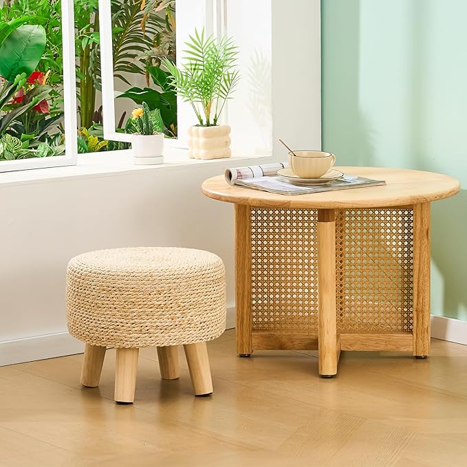 Cpintltr Ottoman Natural Seagrass Footrest Poufs Hand Weave Round Foot Stool for Couch Desk Soft Step Stool Padded Foot Rest with Pine Legs for Living Room Bedroom (Natural White)