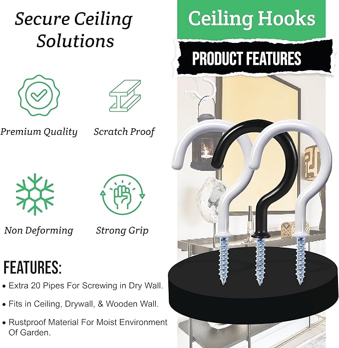 20 Pcs Ceiling Hooks for Hanging Plants - 2.9 inches Plant Heavy Duty, Hanging Hooks for Christmas Lights, Cups, Decors - White Vinyl Coated Screw in Plant Hanger Hook Indoor and Outdoor