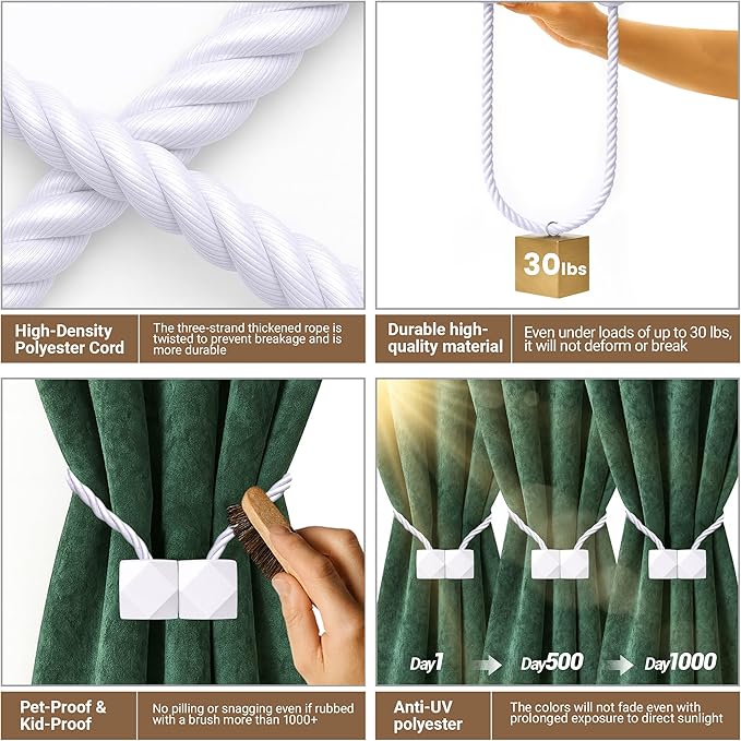 Hion Magnetic Curtain Tiebacks White 2pcs, Curtain Tiebacks Buckles Holdbacks Holders Hooks Clip for Home Bedroom Office Decorative Curtain