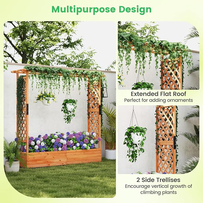 Giantex Set of 2 Raised Garden Bed with Trellis & Hanging Roof, Wood Planter Box with Bottom and Drainage Holes, Freestanding Garden Planter for Flower Vegetable Fruit Herb Climbing Vines, 77"x17"x72"