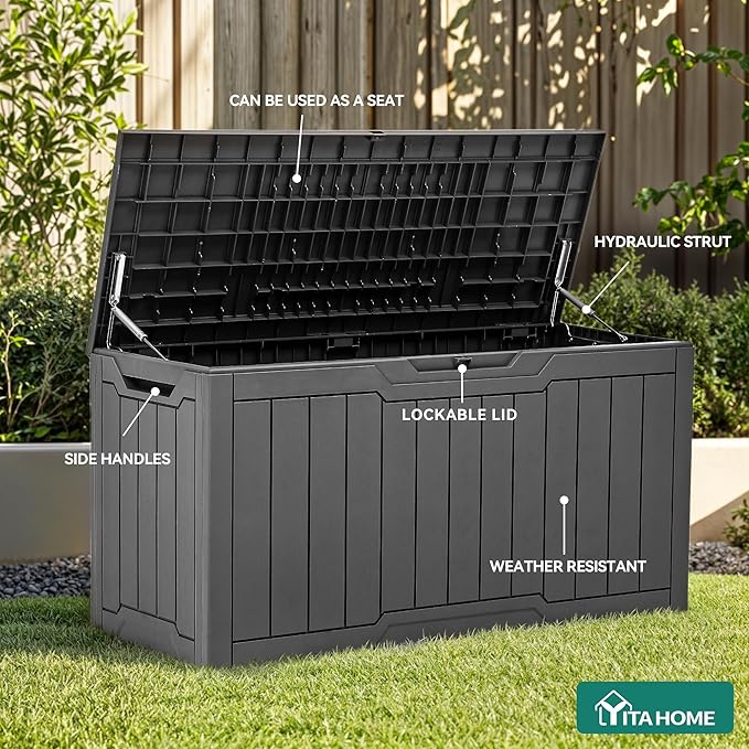 YITAHOME 100 Gallon Resin Deck Box, Weather Resistant Outdoor Storage Box, Lockable Indoor Outdoor Storage for Supplies and Essentials, Dark Gray