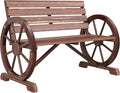 Outsunny 41" Wooden Wagon Wheel Bench, Rustic Outdoor Patio Weather Resistance Furniture, 2-Person Slatted Seat Bench with Backrest, Carbonized