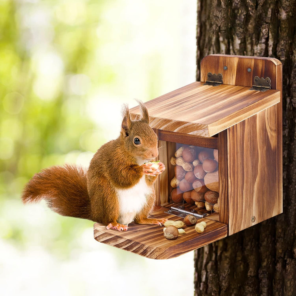 Wooden Squirrel Feeder Box, Sturdy Squirrel Feeding House with Thickness 1.5CM Wood, No Assembly Required, for Backyard Outside Garden (1 PCS)