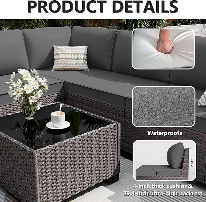ALAULM 13 Pieces Outdoor Patio Furniture Set with Propane Fire Pit Table Outdoor Sectional Sofa Sets Patio Furniture 43" Gas Fire Pit Brown PE Rattan Patio Conversation Set w/10 Cushions (Grey)