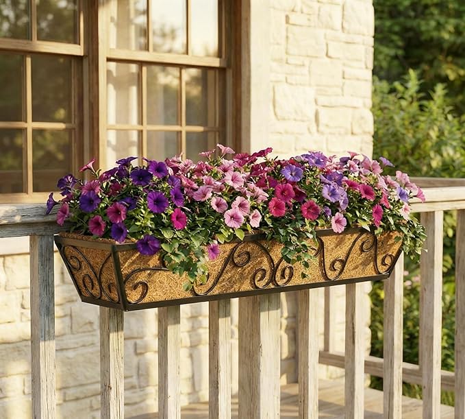 Y&M 30 Inch Window Deck with Coco Liner, Fence Metal Hanging Flower Planter Window Basket Deck Railing Planter Boxes for Outdoor Garden Lawn-Butterfly, 2pcs