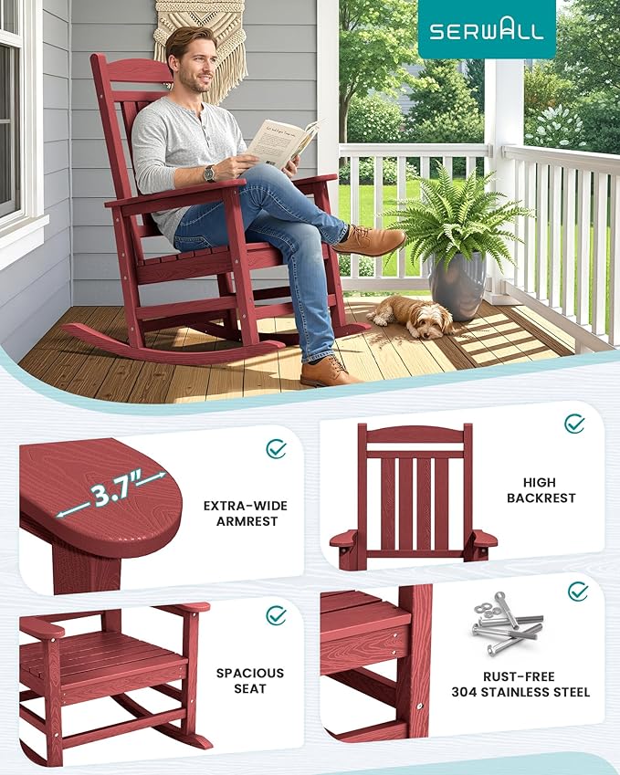 SERWALL Patio Rocking Chairs Set of 2, HDPE Outdoor Rockers for Adults, Oversized All-Weather Porch Rocking Chairs, Red