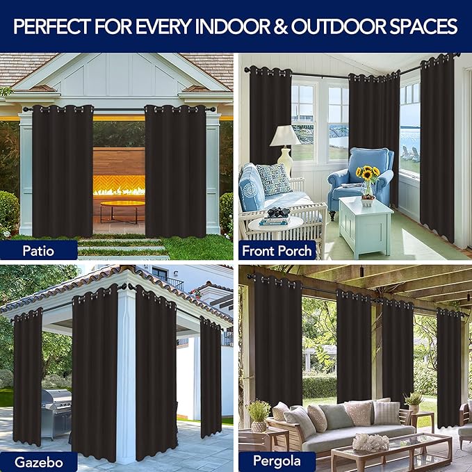 PureFit Outdoor Curtains for Patio Waterproof Weatherproof, UV Resistant Outside Curtains for Gazebo, Front Porch, Pergola, Sun Blocking Privacy Curtain, 52W x 84L inch, 1 Panel, Chocolate