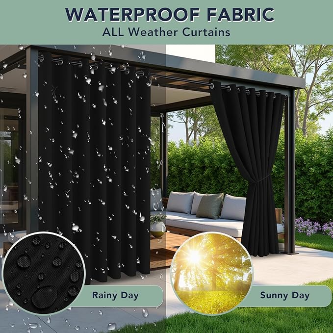 Black Outdoor Curtains for Patio Waterproof - 6 Panels Privacy Weatherproof Outside Curtains with Grommets for Pergola, Gazebo, Porch, Cabana, Balcony, 54 x 120 Inch