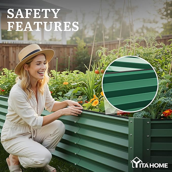 YITAHOME 8x4x1.5 ft Galvanized Raised Garden Bed Kit, Large Metal Planter Box with Gloves, Safety Rubber & Support Rod, Outdoor Flower Bed for Plants Vegetables, Green