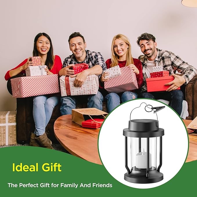 Solar Lantern Outdoor & Indoor Use – Hanging Solar Lights with Realistic Flickering Flameless Candle, Weatherproof for Gardens, Patios, Trees, and Lawns (Black + Gray, 1 Pack)