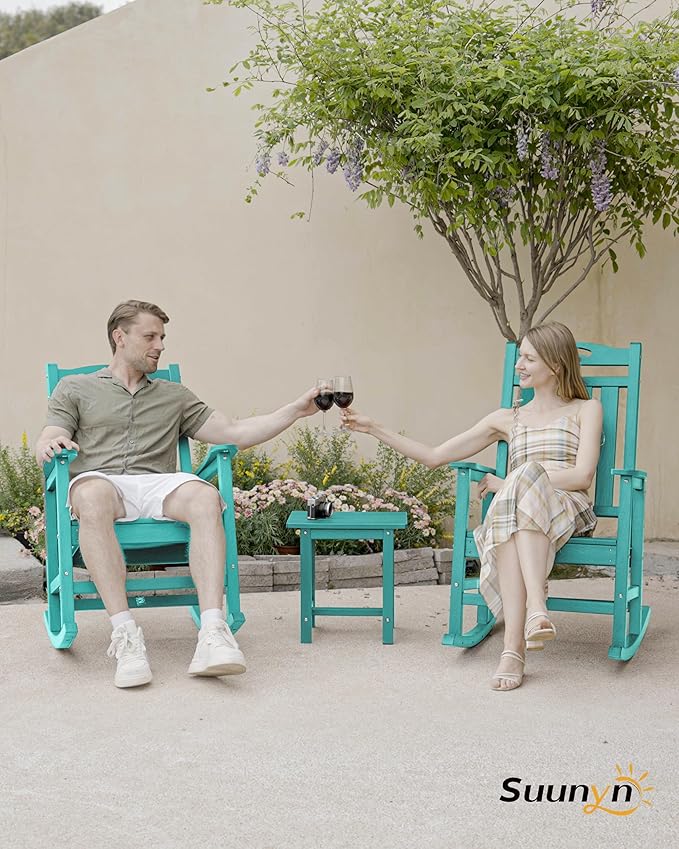 Oversized Outdoor Rocking Chair Set of 2, HDPE All-Weather Patio Rocking Chairs, High Back Outdoor Rocker for Porch, Patio, Lake Blue