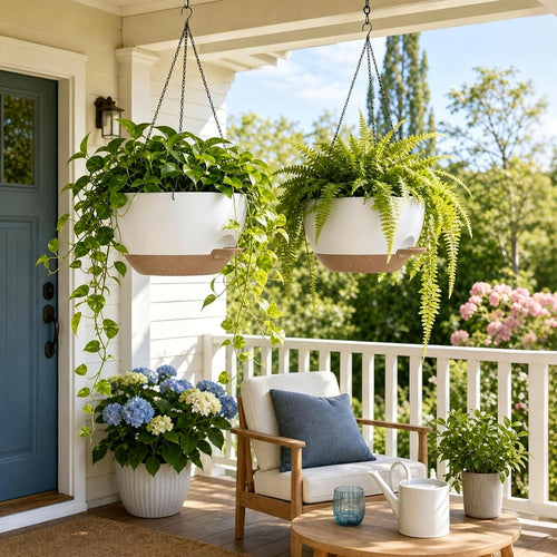 13 inch large self watering hanging planters with shown in use