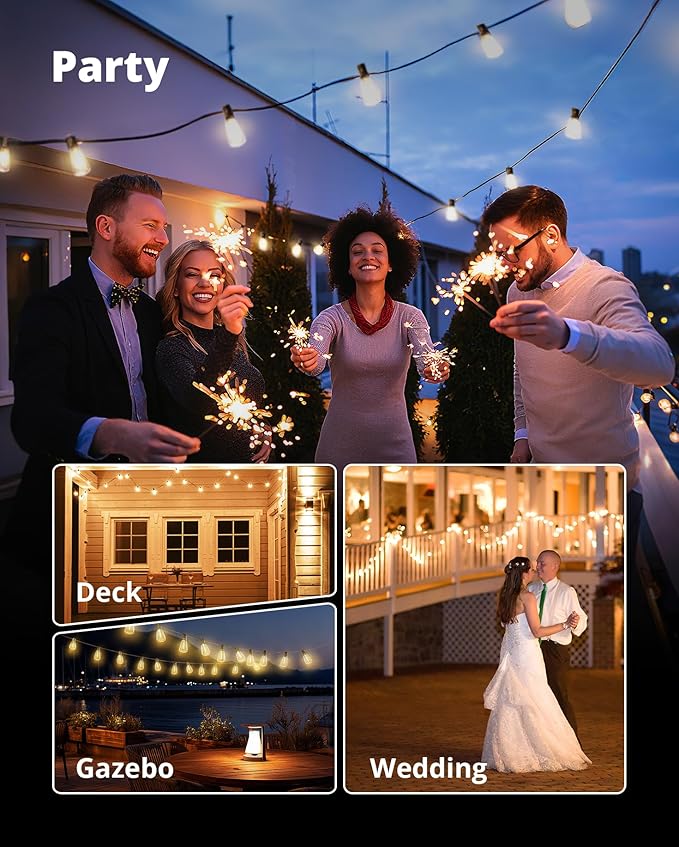 VIPAR LED Outdoor String Lights, 100FT Patio Lights with 32 Edison Shatterproof Bulbs, IPX5 Waterproof Outside Hanging Light Connectable for Backyard Porch Balcony Garden Deck Decor, E12 Base, Black