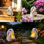 Solar Rabbit Garden Decor Statue, Rabbit Figurines with LED Light, Hand-Painted Resin,IP65 Waterproof for Patio, Lawn & Yard Decorations, Unique Mothers Day Gifts for Mom Women