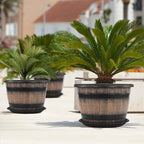 Quarut Large Plastic 4 Pack14 inch Plant Pots,Whiskey Barrel Planters with Drainage Holes & Saucer.Flower Pots Imitation Wine Barrel Design for Indoor & Outdoor Garden Balcony Plants.5 Gallons(Brown)
