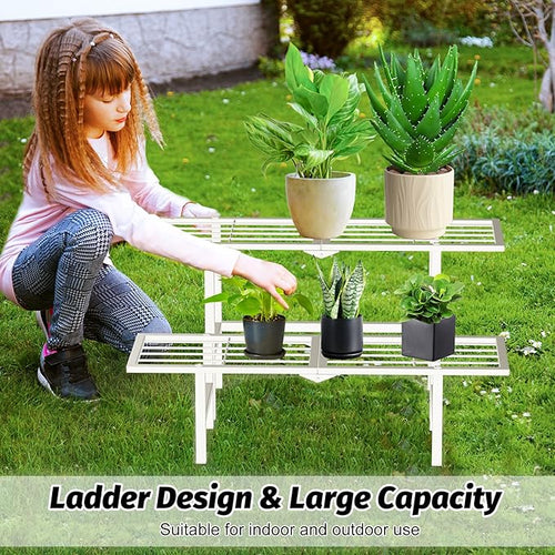2 Tier Metal Plant Stand Outdoor Indoor, Separated Tiered Outdoor Folding Plant Shelf, Ladder Plant Stands Display Rack for Garden Window, 8.3/15.4'' Tall (White)