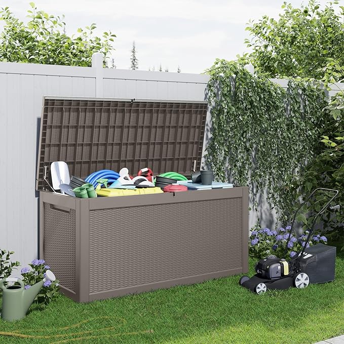 320 Gallon Outdoor Deck Box, Lockable Waterproof Outdoor Storage Boxes For Garden Tools,Indoor Cushions,Accessories Outside Storage Resin Weatherproof Container(Grey)