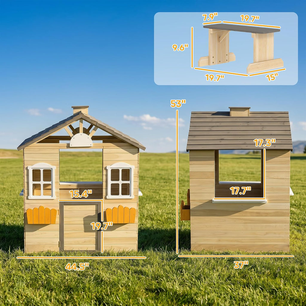 outsunny outdoor playhouse working door windows bench for on a desk or shelf