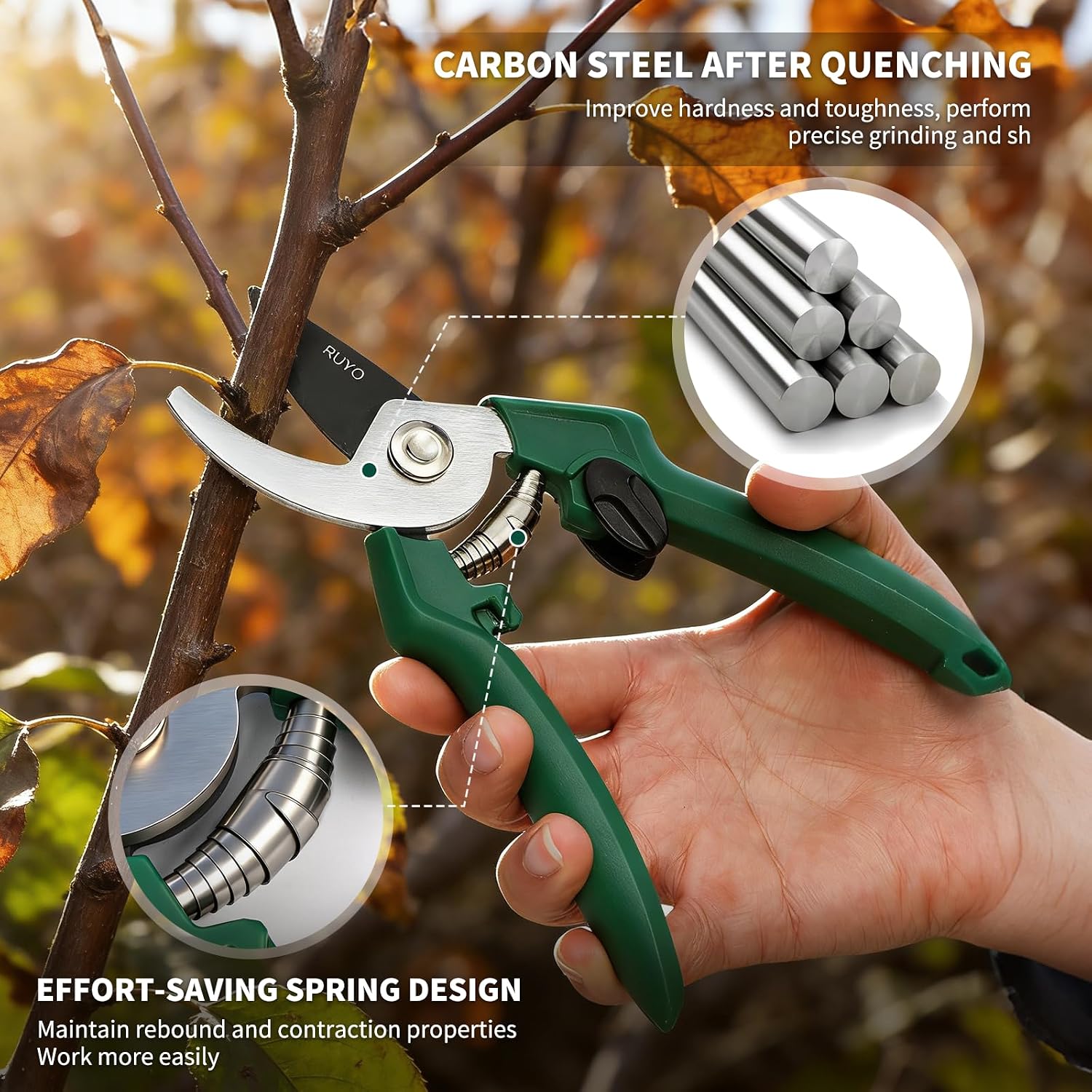 Bypass Pruning Shears, 3/8-Inch Cut Capacity Garden Clippers, Gardening Scissors with Sharp, Rust Resistant Steel Blade (Green, 3/8'')