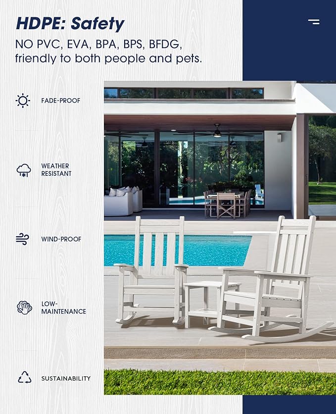 KINGYES Oversized Outdoor Rocking Chair Set of 2, All-Weather Patio Rocking Chairs for Porch, HDPE Outdoor Patio Rockers with High Back & Wide Seat for Garden, Lawn, White