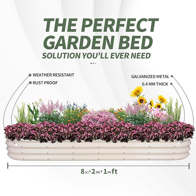 1MORE Galvanized Raised Garden Bed- Planter Garden Boxes Outdoor, Raised Beds for Gardening,Metal Garden Bed Kit for Vegetables Flower, Planter Raised Beds.8x2x1ft White-2pcs
