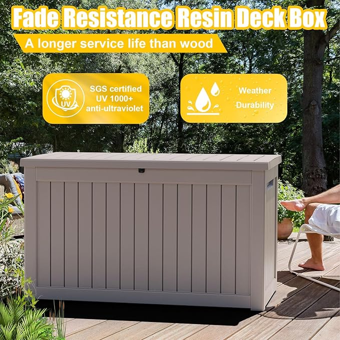 DRATO 280 Gallon Deck Box, Waterproof Resin Large Outdoor Storgae Box for Patio Furniture, Patio Cushions, Gardening Tools, Pool Supplies, Lockable（Gray，280 Gallon）