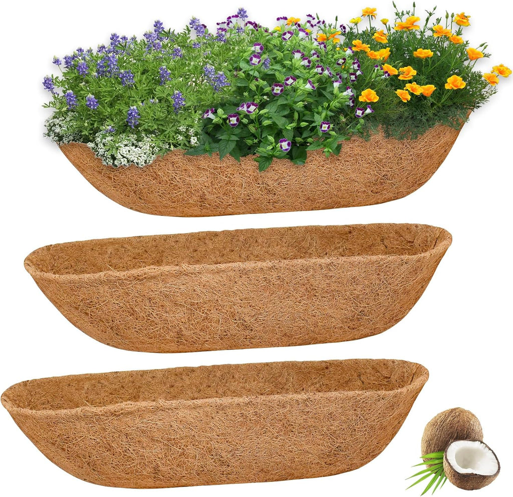 Halatool 30" Coco Liners for Planters, 3Pcs Coconut Liners for Window Boxes | 100% Natural Coconut Fiber, Replacement Liner for Wall & Railing Planters, Fence & Balcony, Breathable & Eco-Friendly