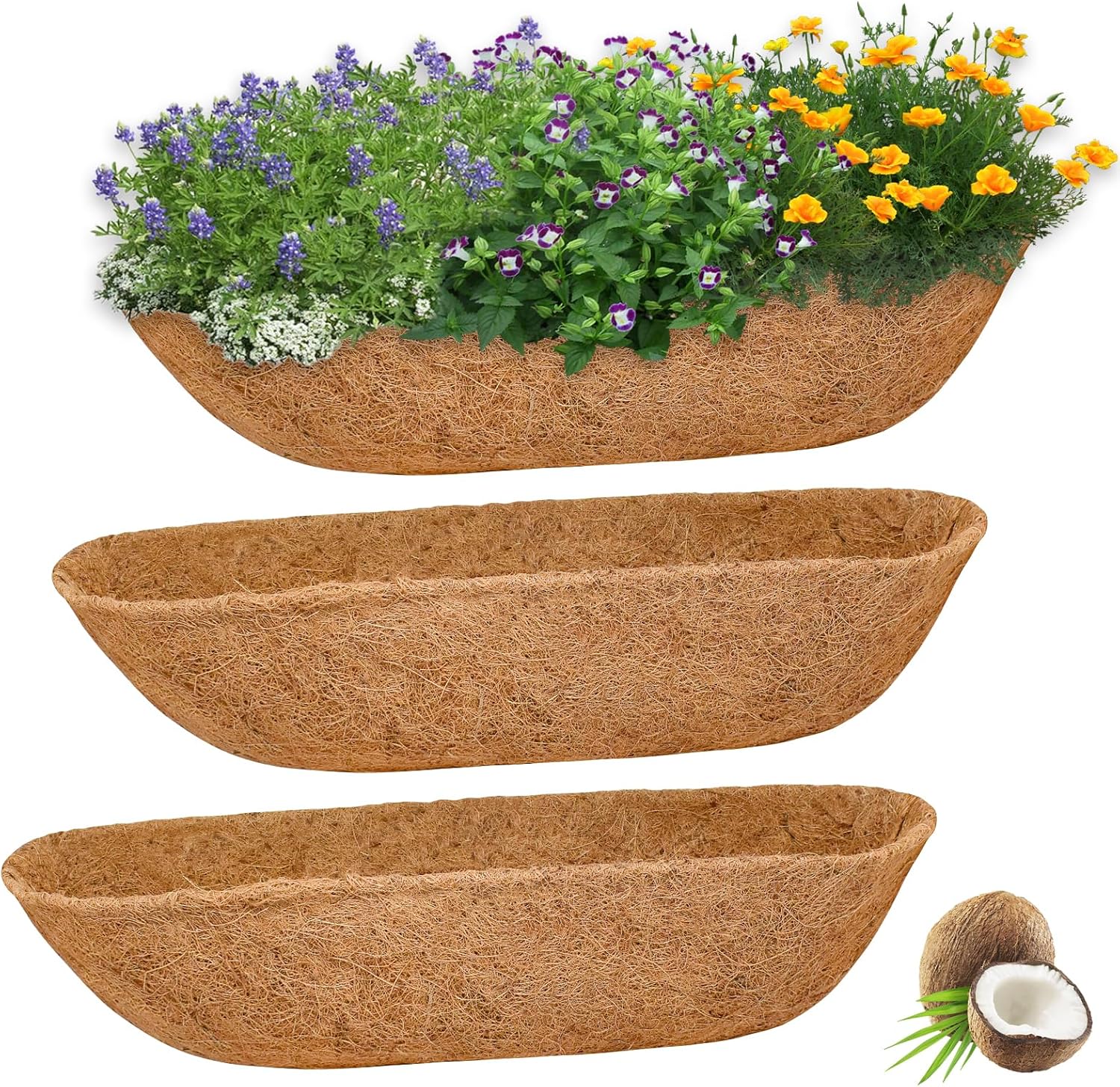 Halatool 30" Coco Liners for Planters, 3Pcs Coconut Liners for Window Boxes | 100% Natural Coconut Fiber, Replacement Liner for Wall & Railing Planters, Fence & Balcony, Breathable & Eco-Friendly