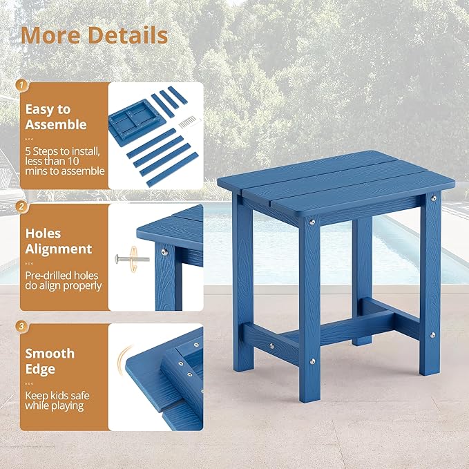 LUE BONA Outdoor Side Table Set of 2, HDPS Small Outdoor Table, Adirondack Side Table, Outside End Table for Patio, Porch, Deck, Weather Resistant/Easy Maintenance/Indoor or Outside Use, Navy Blue
