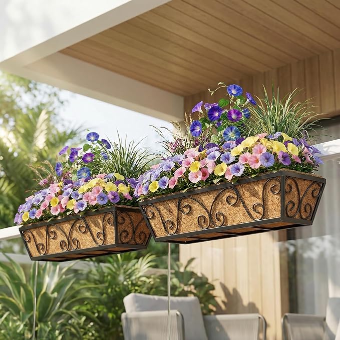 6pcs 24 Inch Window Deck with Coco Liner, 24" Window Boxes Horse Trough with Coconut Coir Liner, Metal Hanging Flower Planter Window Basket Deck Railing Planter Boxes for Outdoor Indoor Lawn
