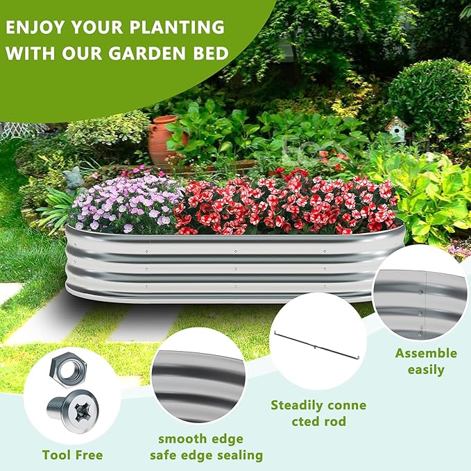 zizin 2 Pack Galvanized Raised Garden Bed Metal Oval Raised Garden Beds Outdoor Planter Box for Vegetables (6x3x1FT, Silver)