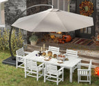 7-Piece White Outdoor Dining Set with Beige 11FT Large Patio Umbrella, 75.2'' HDPE Table & Chairs for 6, Weather-Resistant Furniture with Umbrella Hole for Patio, Lawn, Poolside
