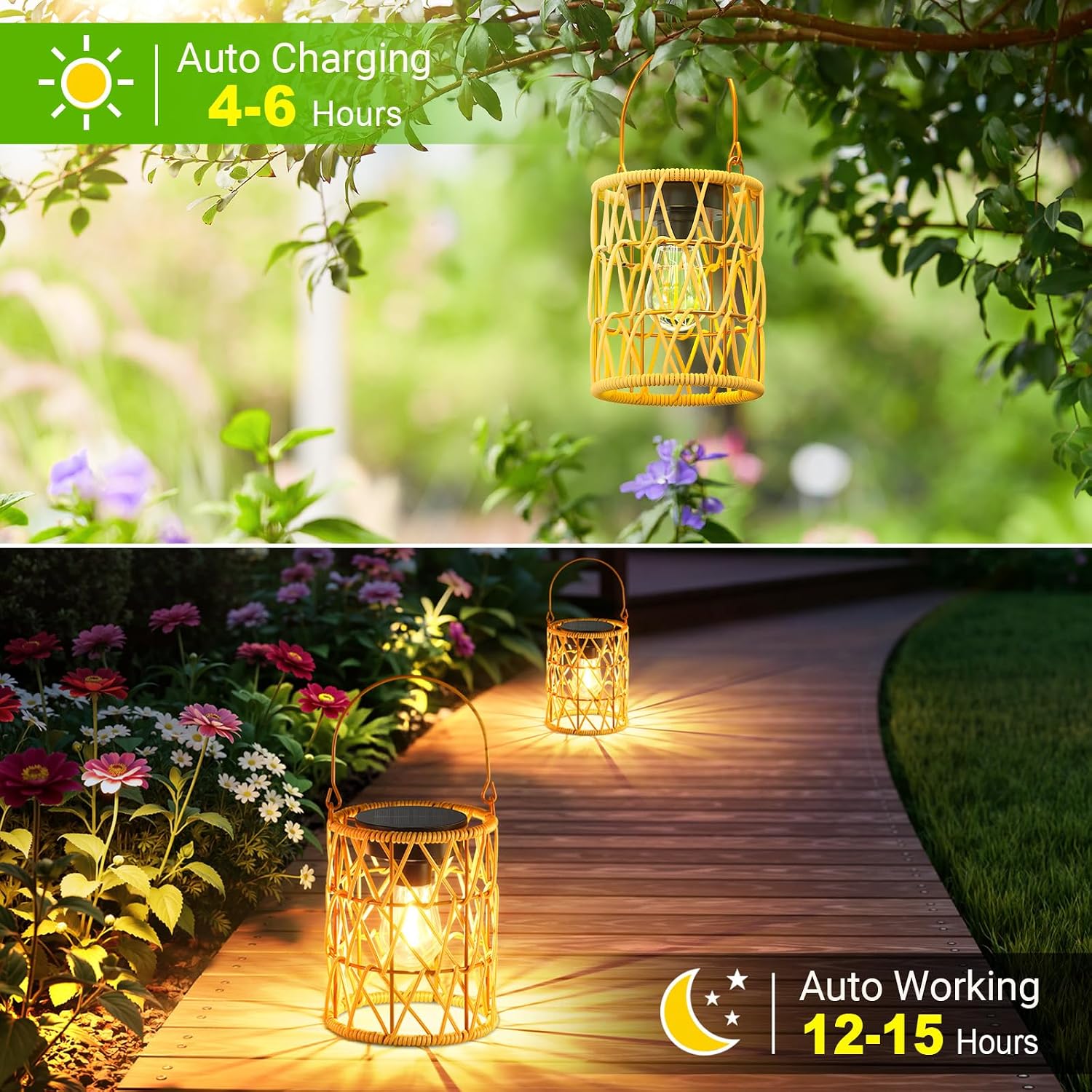 KOOPER Solar Lantern Outdoor Lights, 2 Pack Bright Hanging Solar Lanterns Outdoor Waterproof with Handle, Decoration Rattan Lanterns for Outside Hanging Garden Patio Yard Porch Trees Lawn Pathway Gift