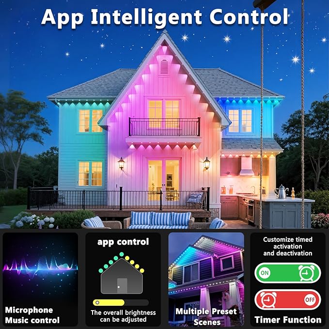 150FT Permanent Outdoor RGB Lights, IP67 Waterproof Smart Eave Lighting, with App/Remote Control Eaves Light, DIY LED Scenes Modes for House Roof Decor,Christmas,Party