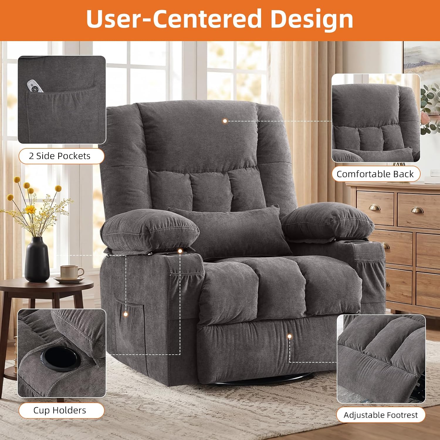 MAHOMICO Rocker Recliner Chair with Massage and Heat | Cup Holders,USB Charging Port,Side Storage Pockets,Soft Armrests,Single Sofa Recliner,for Living Room,Nursery,Bedroom,Grey