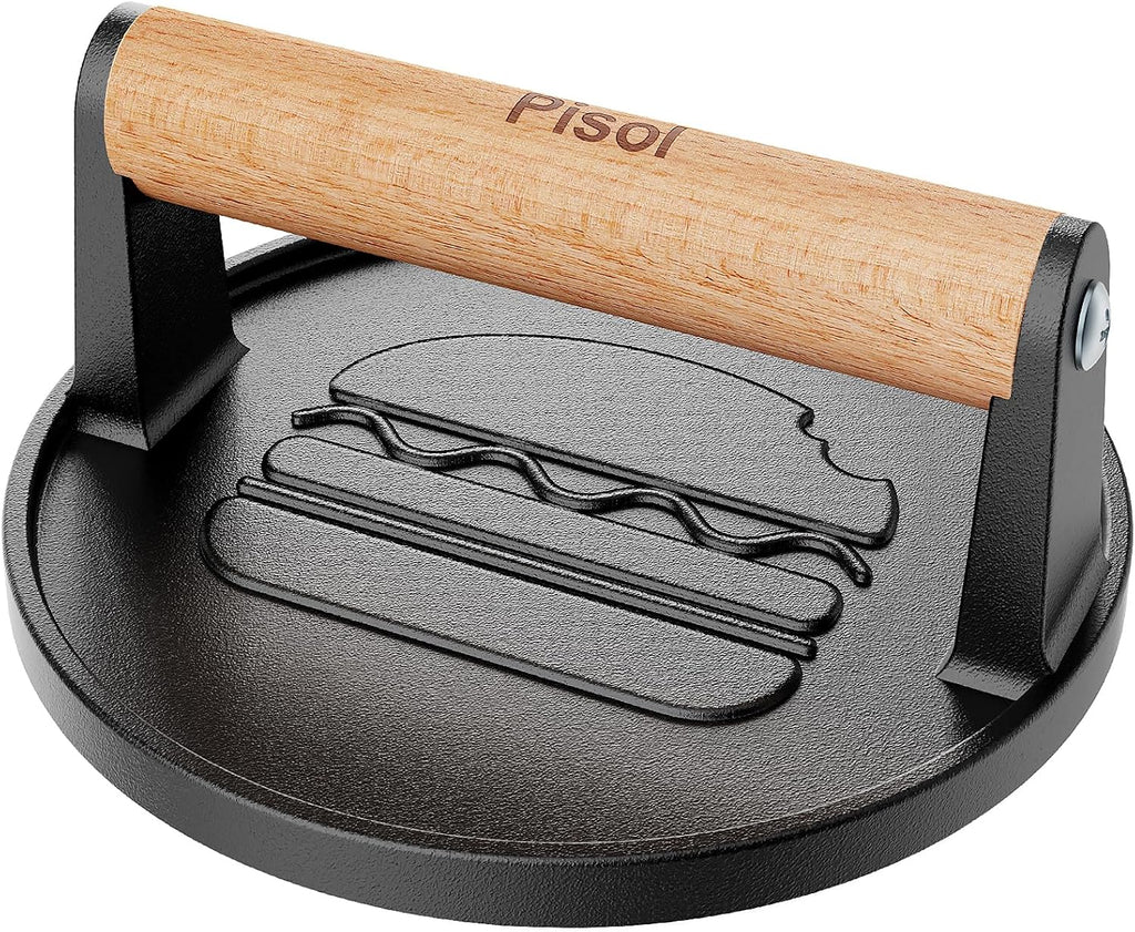 Pisol Smash Burger Press, Pre-Seasoned Cast Iron Hamburger Smasher, 2 lb Heavy-Duty Grill Bacon Meat Press Tool with Wood Handle, 6.6”