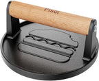 Pisol Smash Burger Press, Pre-Seasoned Cast Iron Hamburger Smasher, 2 lb Heavy-Duty Grill Bacon Meat Press Tool with Wood Handle, 6.6”