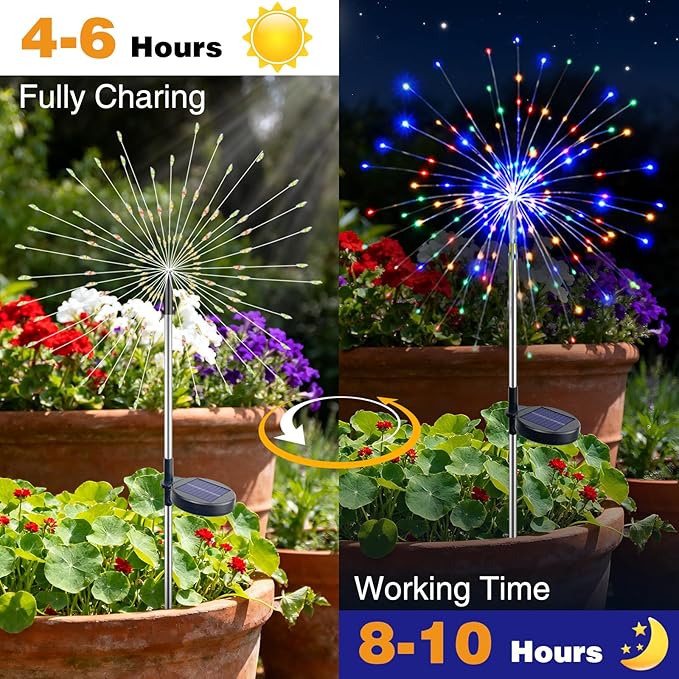 btfarm 4 Pack 120 LED Solar Garden Lights Outdoor, 8 Modes Firework Lights Solar Powered, Waterproof Twinkle Fairy Light Outside for Yard Patio Pathway Pool Christmas Party Decorative, Multicolor