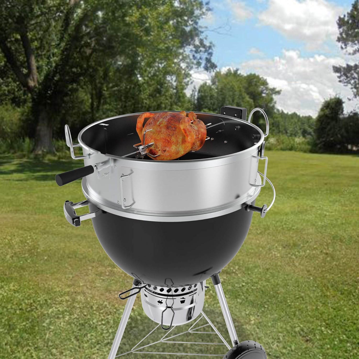 onlyfire Stainless Steel Multi-purpose Rotisserie and Pizza Combo Kit | For Weber 22-Inch Kettle Charcoal Grills, Include Pizza Peel and Pizza Stone